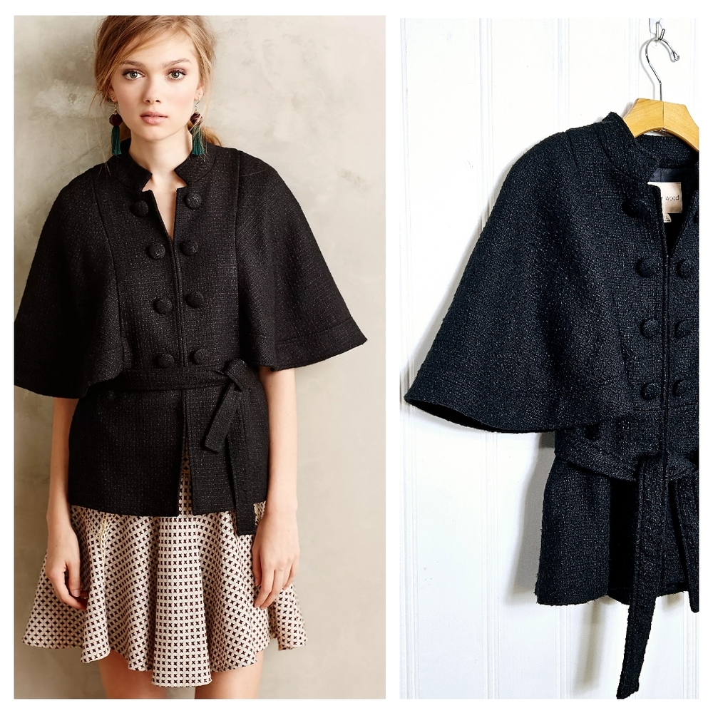 Anthropologie Fleur Wood Capelet Coat S Aurelia Wool Blend Belted Vintage Black